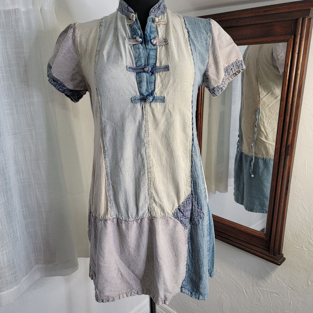 Sacred Threads Boho Patchwork Tunic Dress Frog Closure Artsy Lagenlook M